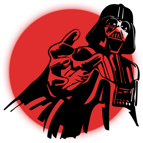 Darth Vader com as mãos a frente, com um circulo vermelho atrás